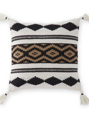 20 INCH BLACK WHITE & TAN LOOM WOVEN PILLOW W/TASSELS NEW